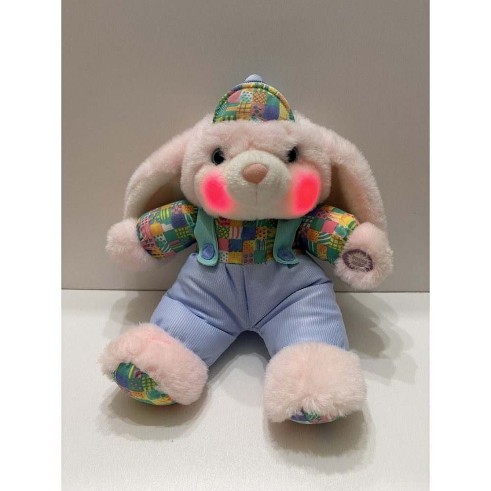 1990s Vintage Easter White & Pink Bunny w Patchwork Hat & Shirt Overalls Working
